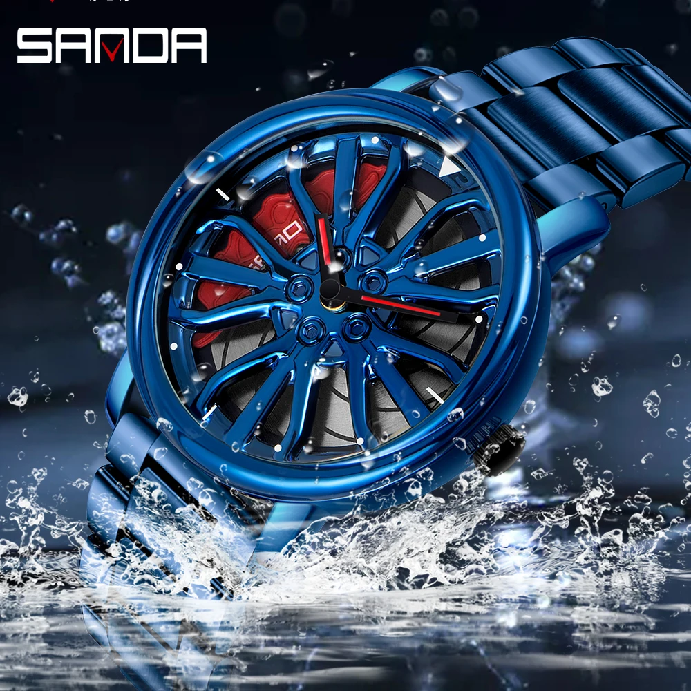 Men Fashion Hot Sell Car Rim Wristwatch 360 Degree Rotating Wheel Rim Dial Watches Stainless Steel Waterproof Sport Quartz Clock 3