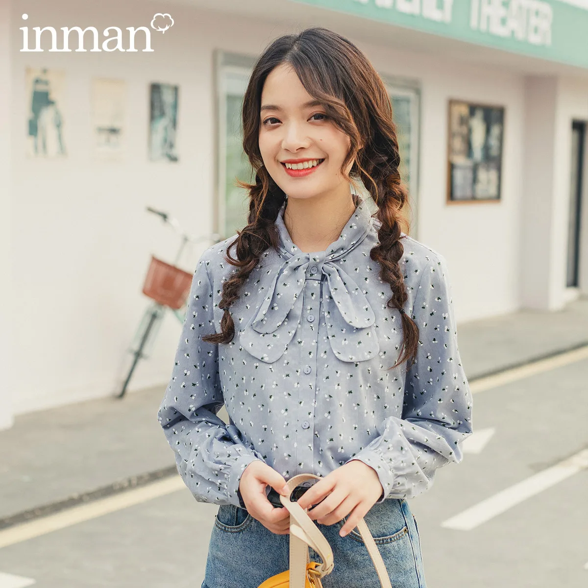

INMAN 2020 Spring New Arrival Literary Style Bow Tie Neck Single Breasted Loose Style Tighten Up Sleeve Lady Women Blouse