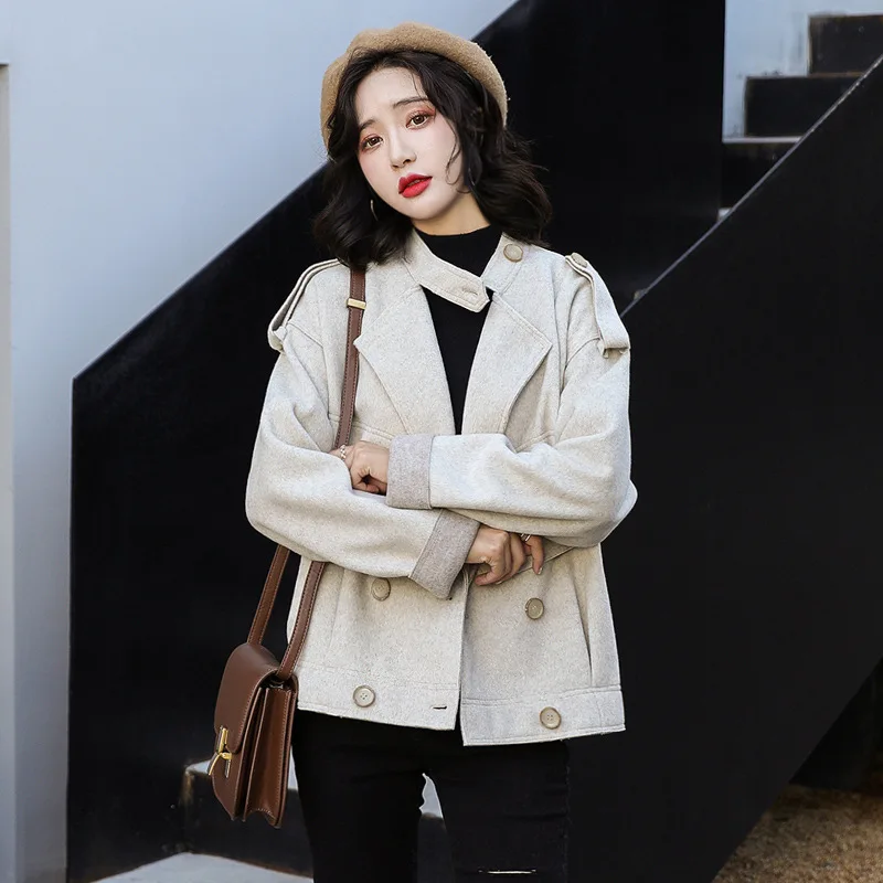 Short woolen coat female dwarf new winter Korean version of the small fragrance student loose - Цвет: Beige