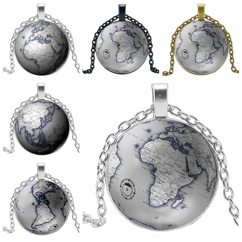 

2019 Hot Sale Earth Map Seven Ocean Pattern Glass Convex Round Jewelry Necklace Pendant Fashion Jewelry Gift