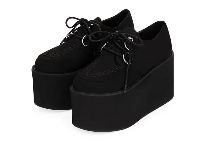Velvet Black 10CM Женская обувь в стиле панк в японском стиле; сверхвысокая платформа; кожаные оксфорды на шнуровке - Цвет: Velvet Black 10CM