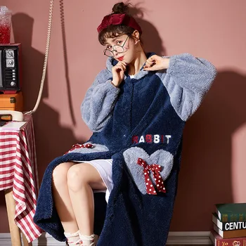 

Cartoon Home Pocket Night Robe Autumn Winter Sweet Plus Velvet Women Nightgown Long Sleeve Cardigan Button Warm Loose Hooded