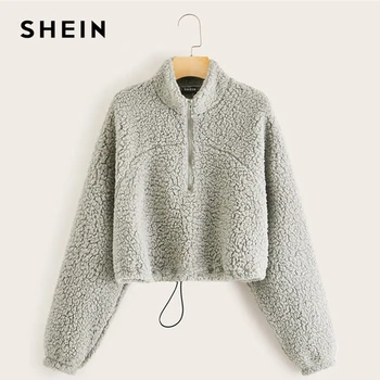 

SHEIN Solid Stand Collar Zipper Half Placket Teddy Sweatshirt Women Pullover Winter Active Wear Drawstring Hem Casual Sweatshirt