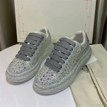 

Leather silver men's sneakers luxury crystal lace low-top men's casual shoes street style party dress shoes platform