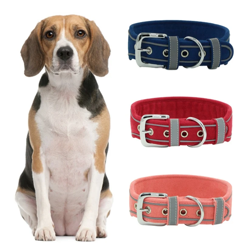 Wearable Dog Collar Leather Safety Reflective Engraved Puppy Collar ID
