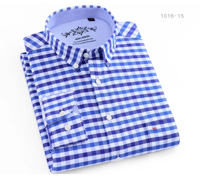 Men's Fashion Long Sleeve Multicolored Checkered Oxford Shirt Single Chest Pocket Standard-fit Button-down Striped Casual Shirts