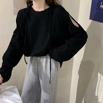 

Women Off-the-shoulder Hooded Sweater Long Sleeve Autumn Harajuku Loose Solid Color Korean kpop Hip Hop Tracksuit