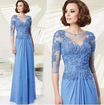 

Blue Chiffon Half Sleeves Appliques Beading See-Through Ruffles Custom-Made Ilusion mother of bride dress vestido de novia
