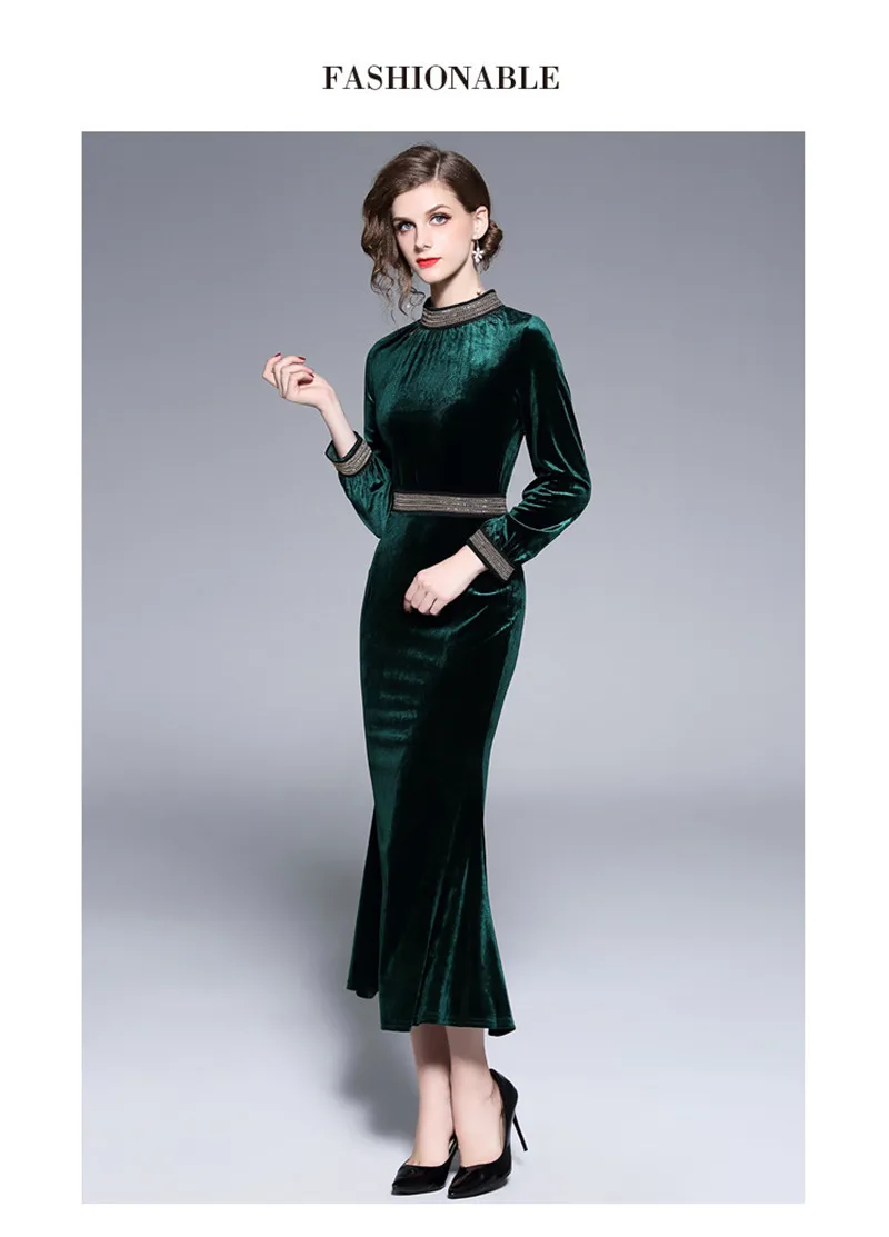 Осенне-зимнее черно-зеленое бархатное офисное платье больших размеров женское сексуальное кружевное Клубное платье с длинными рукавами Дамское Платье-труба XXL