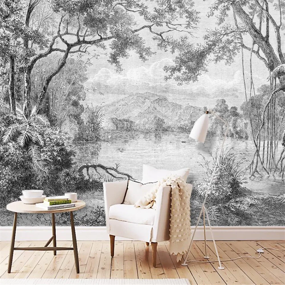 e branco europeu mural floresta retro pintados a mao selva linha pintura 02