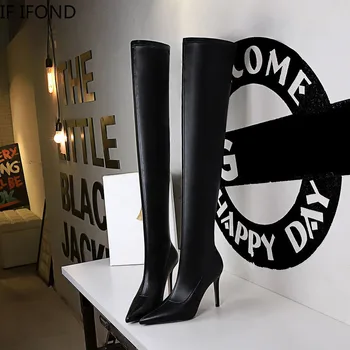 

IF IFOND 2020 Fashion Winter Over The Knee Women Boots PU Leather Warm High Heel Slip-on Shoes Pointed Toe Sexy Ladies Boot