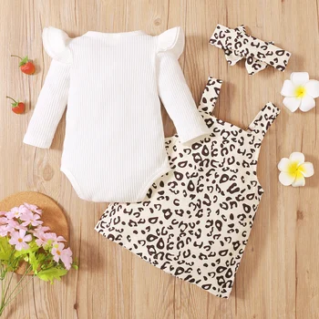 Lioraitiin 0-18M Newborn Infant Baby Girl 3Pcs Autumn Fashion Clothing Set Long Sleeve Solid Bodysuit Top Leopard Skrit 6
