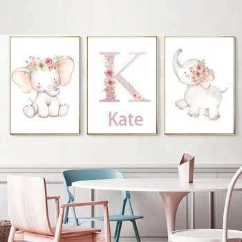 

Custom Poster Nursery Prints Pink Baby Personalized Girl's Name Wall Art Canvas Painting Pictures Elephant Animal Wall Art