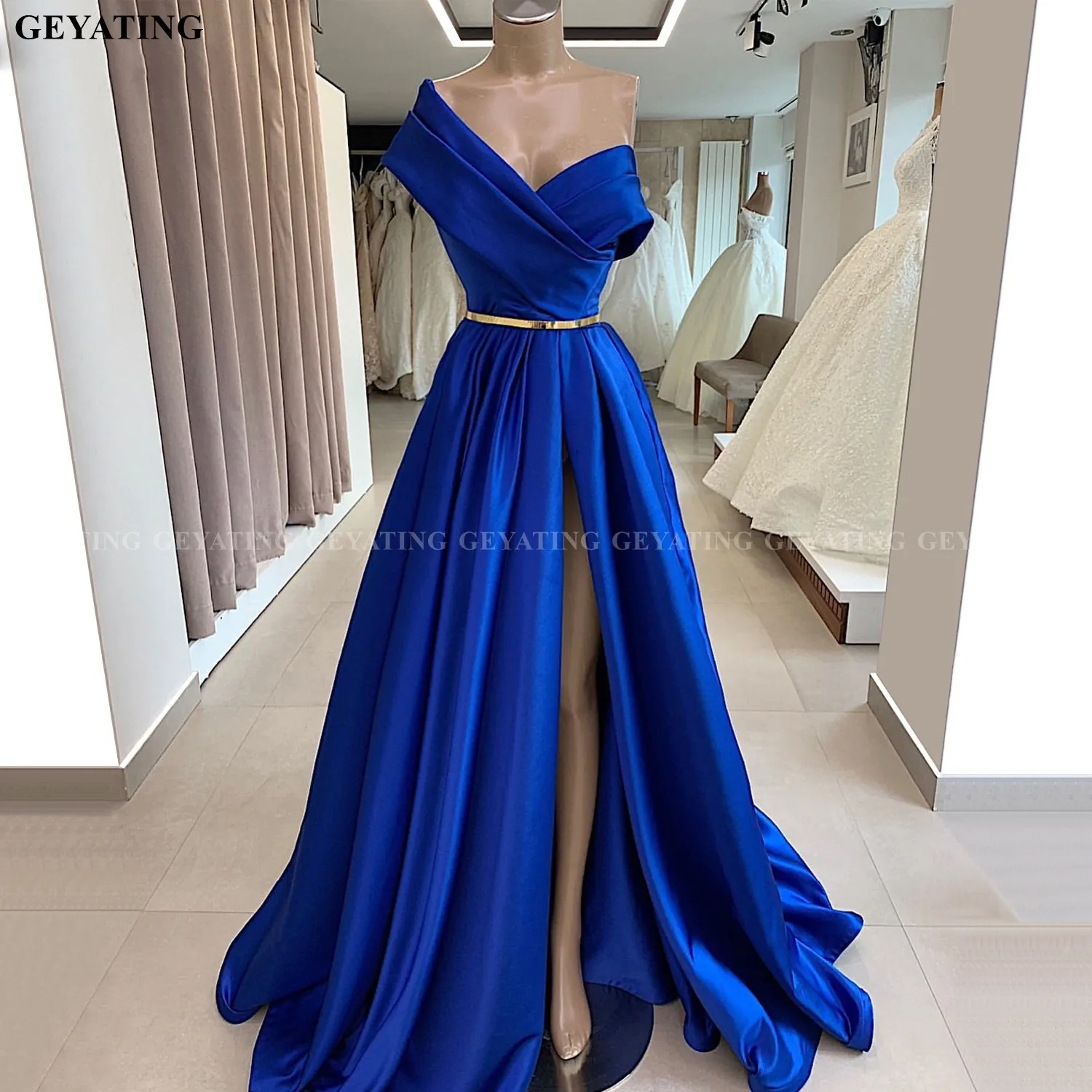 Сексуальное сатиновое вечернее платье на одно плечо Королевского синего цвета с высоким разрезом, длинное платье для выпускного вечера, элегантное женское вечернее платье трапециевидной формы в арабском стиле