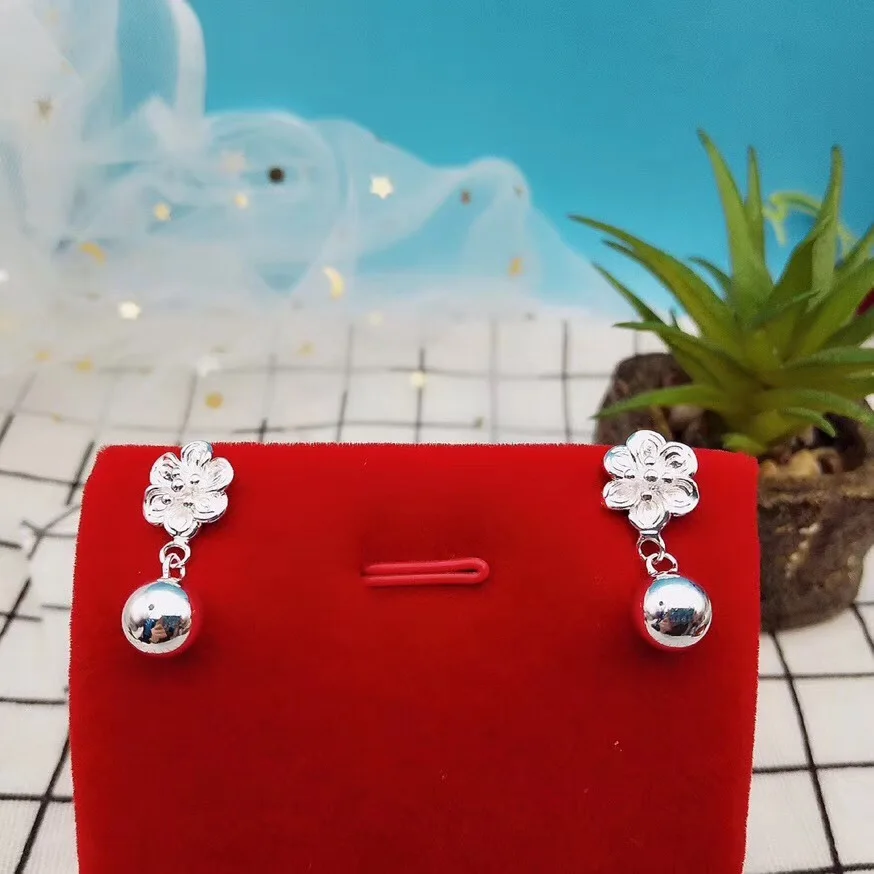 

990 Silver Ear Stud-Style Korean-style Simple Flower Ear Stud Cool Light Bead Small Silver Ball Earrings Ear Stud Women's Gift