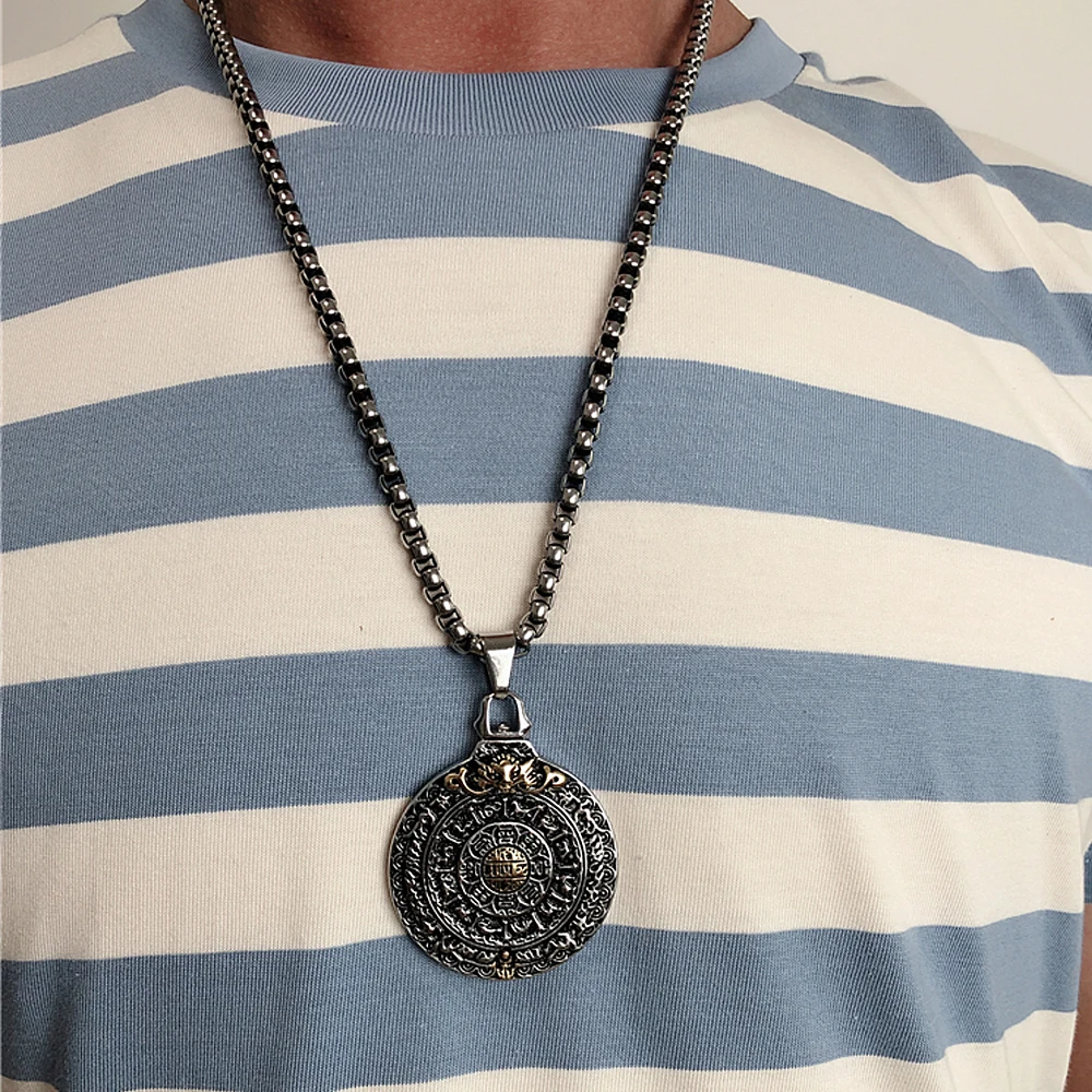 Retro amuleto nove palácios bagua pingente de aço inoxidável zodíaco colar masculino punk pingente corrente moda jóias presente