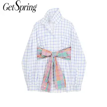 

Getspring Women Shirt Bandage Patchwork Plaid Woman Blouses Shirts Long Sleeve Casual Women Tops Bloues Color Matching 2020 New