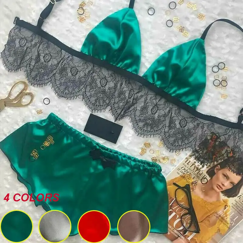 2Pcs Ladies Women Plus Size Lace Lingerie Bralette Set Halter Bra Pajamas  Green XL 