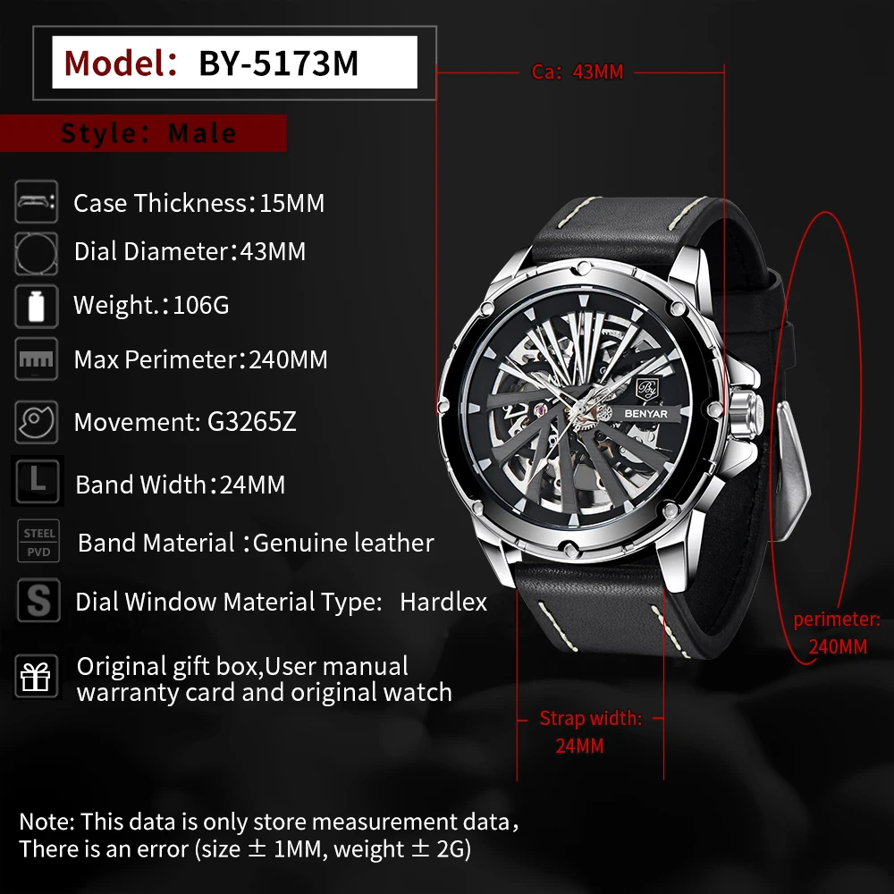 BENYAR Automatic Mens Watches Top Brand Mechanical Tourbillon Wristwatch Waterproof Business Stainless Steel Sport Mens Watches