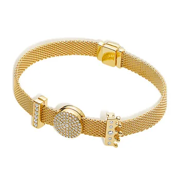 

NEW 100% 925 Sterling Silver Reflexions Bracelet Set Shine Gold Crown Elegant Fit European DIY Original Charm Bead Jewelry Gift