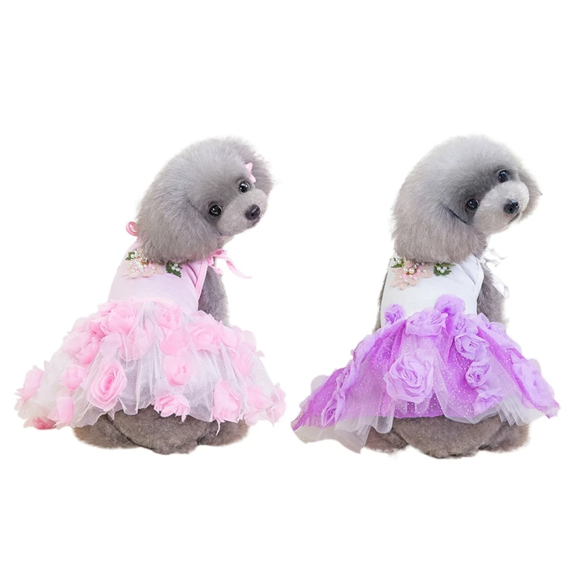 Платье принцессы с объемными розами для собак; Одежда для маленьких собак; сезон весна-лето; платье с жемчугом; Милая Кружевная юбка-пачка для щенка чихуахуа