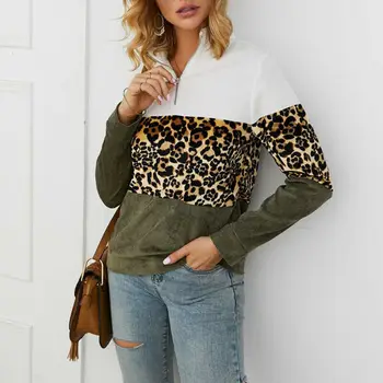 

Winter Fleece Sweatershirt Hoodie Fashion Leopard Patchwork Fluffy Thick Warm Zipper Pullovers Women Winter Coat Sherpa Tops Hot