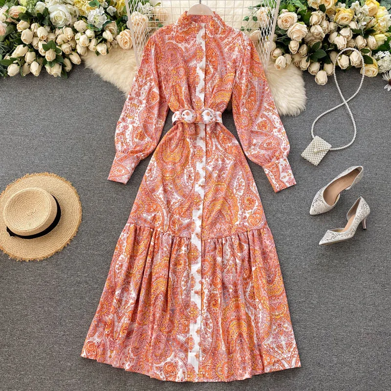 Lady Elegant Stand Collar Slim Court Vintage Printed Ruffles Dress Women Long Sleeve High Waist A-Line Beach Vestidos H887