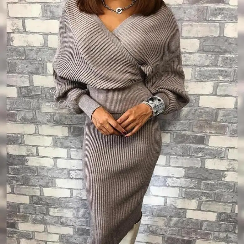 Вязаный женский комплект 2 шт. с длинным рукавом пуловер свитер юбка-карандаш комплект леди Подиум вязание юбка костюм