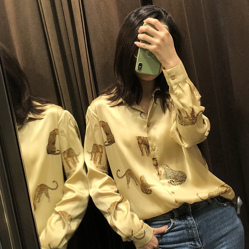 Fashion Za Women Shirt Vintage Animal Printed Turn-Down Collar Shirts Blouses Loose Ladies Long Sleeve Blusas Tops