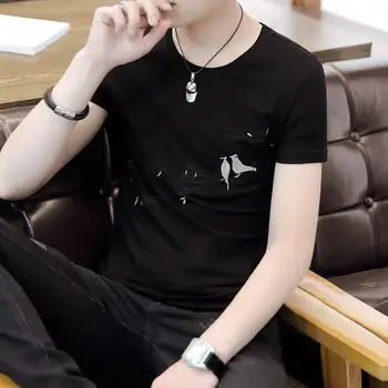 

Short sleeve t-shirt men's fashion brand sweat absorbing breathable clothes black round neck stripe summer men's half sleeve top