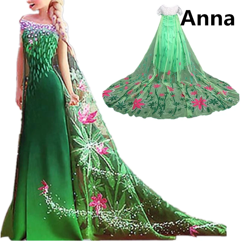 Платье принцессы Анны и Эльзы для девочек, зеленый костюм на Хэллоуин Детские платья для девочек, Карнавальная маскарадная праздничная одежда для детей возрастом 4, 8, 10 лет