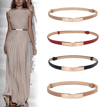

1PC Belt Dress Simple Versatile Fashion Women Leather Belt Thin Skinny Metal Gold Elastic Buckle Waistband Belt Dress Accessorie