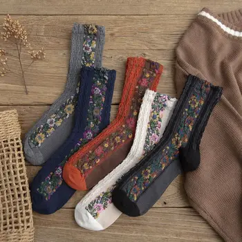 

Embroidery Flower Socks Ethnic Style Women Socks Girls Female Sleeping Home Floor Bedroom Socks harajuku Casual Floral Sox 35-40
