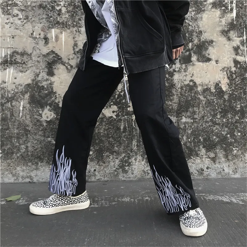 Lychee, Harajuku, с принтом пламени, женские штаны, эластичная талия, высокая талия, широкие, женские брюки, повседневные, свободные, весна, осень, для девушек