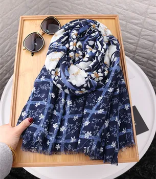 

2020 women ethnic long blue head scarf female winter Mexico style vintage brand long blue floral scarf shawl pashmina