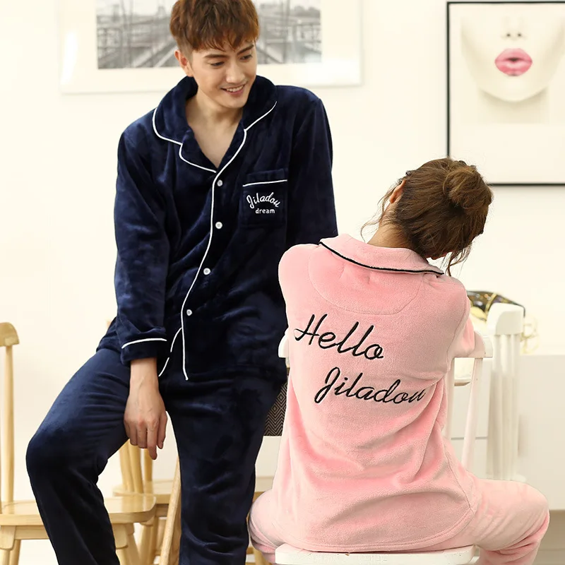 

Men Velvet Autumn And Winter Pajamas Coral COUPLE'S WOMEN'S Pants INS Cute Brushed And Thick Large Lapel Flannel Case