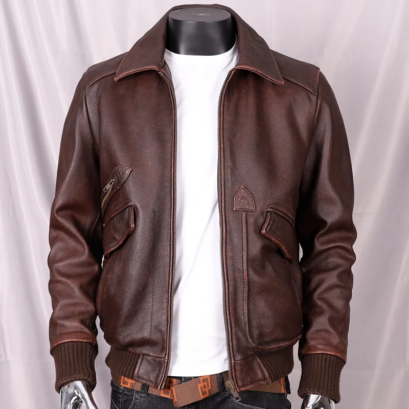 2023 Brown Vintage Military Style Aviation Leather Jacket Men Plus Size