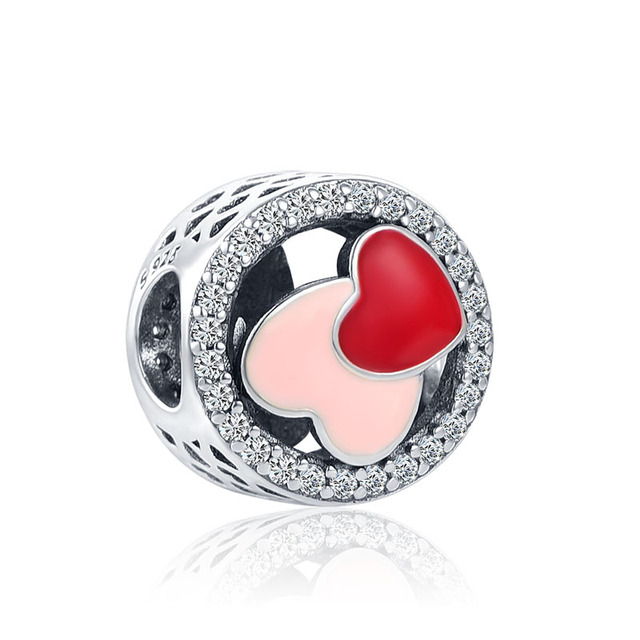Real 925 Sterling Silver Pink Enamel juice heart sunset clip Charms Beads Fit 3mm Bracelet For Women Pendant Jewelry Making