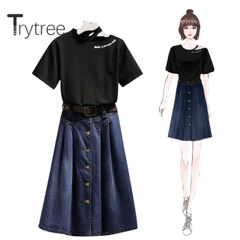 

Trytree 2020 Summer Two piece set Casual O-neck Letter Loose Black Top + Cowboy Skirt Belt Button Fashion Mini 2 Piece Set