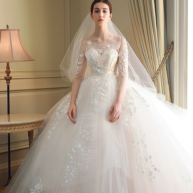 #^Special Price Vrouwen Luxe O Hals Borduren Bruidsjurk Lace Up Trouwjurken Vestido De Noiva/Свадебное Платье/Gewaad de Mariee