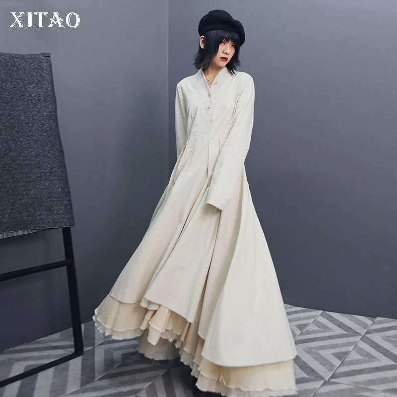 

XITAO Vintage Patchwork Button Cotton Linen Dress Women Clothes 2019 Fashion High Waist Draped Elegant Dress Autumn New GCC1803