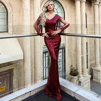 

High Quality 2019 Celebrity Flare Sequined Full Tassel Women V Neck Temperament Night Club Body con Party Dresses Wholesale