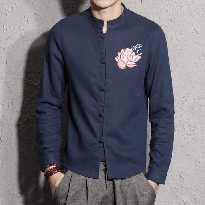 Navy Blue Zongke Китайский Лотос вышитые, льняные рубашки мужские модные мужские рубашки с длинным рукавом мужские льняные рубашки уличная XXXL осень - Цвет: Navy Blue