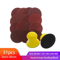 2inch Sanding Disc Set 50mm Hook and Loop SandPaper 60-400 Grit with Hand Sanding Block for Polishing  Wood