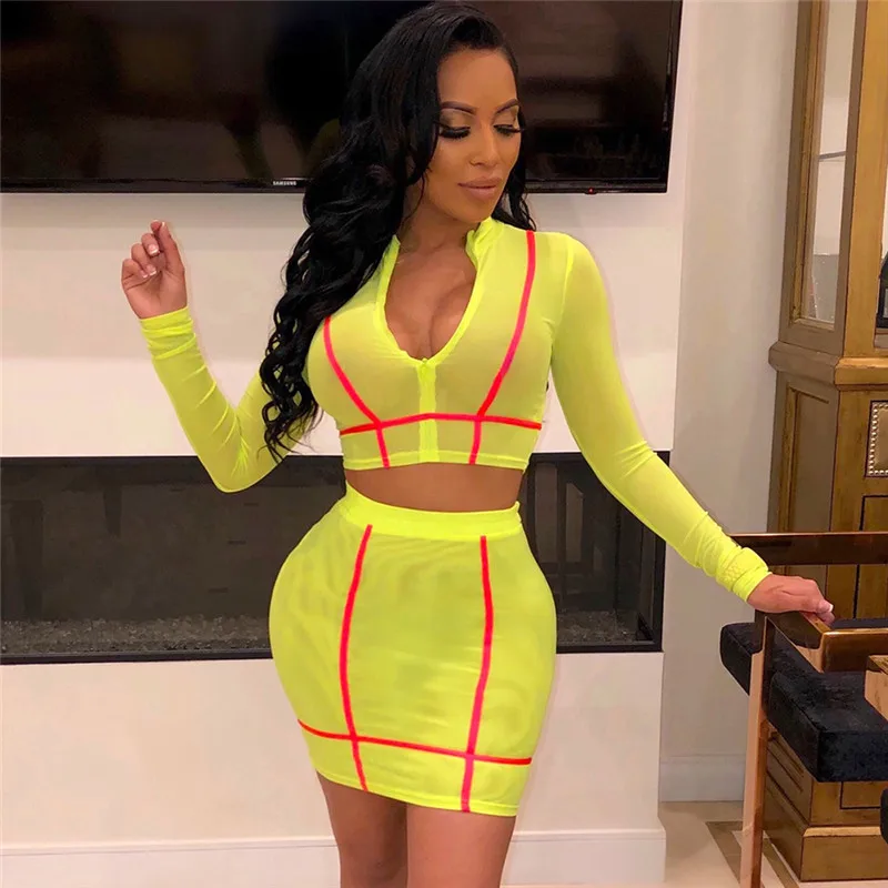 

Shestyle Mesh See Through Blazer Skirts 2 Two Piece Set Women High Neck Sexy High Waist Sets Female Female Clothes