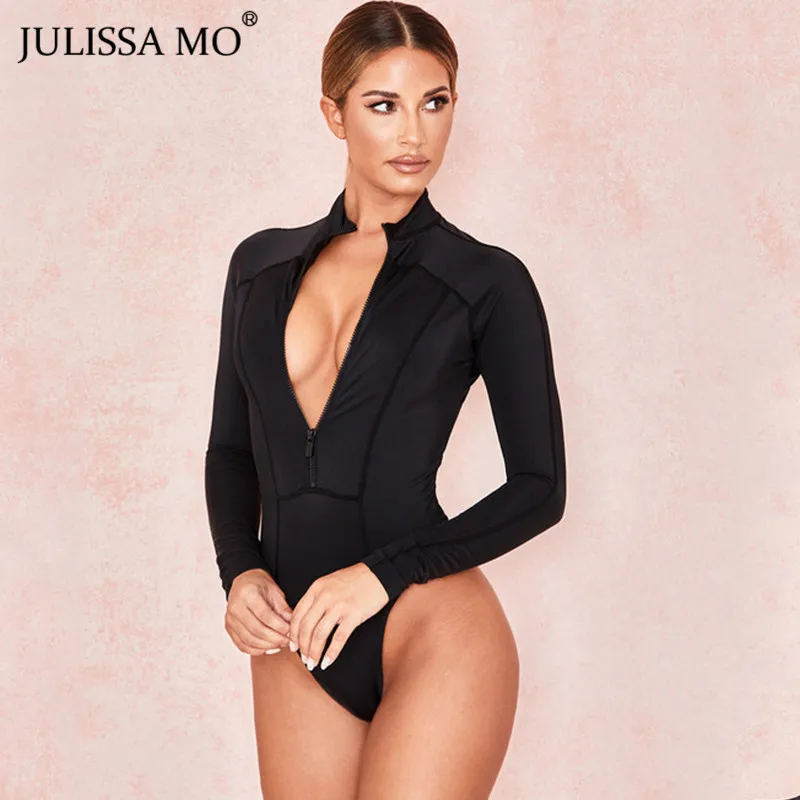 Julissa mo, черный облегающий боди с длинным рукавом, женские топы, модные базовые облегающие Комбинезоны на молнии,, Женский Повседневный эластичный комбинезон