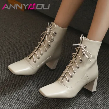 

ANNYMOLI Genuine Leather High Heel Ankle Boots Women Shoes Square Toe Chunky Heels Cross Tied Ladies Short Boots Autumn Winter