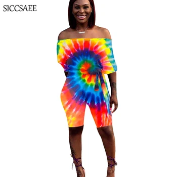 

Tie Dye Printed Bodycon Bodysuit Knee Length Slash Neck Off Shoulder Bandage Playsuits With Sashes Backless Plus Size Clothing