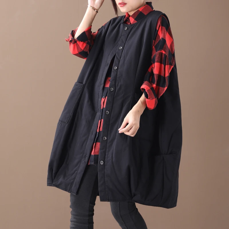 

[EWQ] 2019 Autumn Winter New Pattern Round Collar Sleeveless Black Patchwork Single Breasted Add Cotton Vintage Vest Women AH605