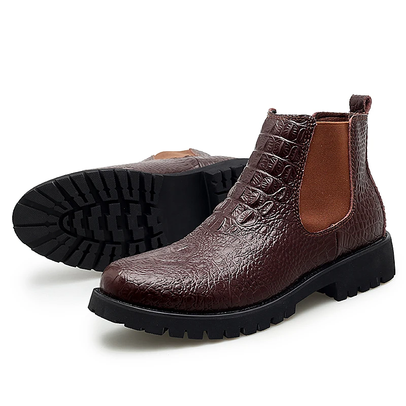 Men Chelsea Boots Slip-on Waterproof Ankle Boots Crocodile Pattern Warm Plush Leather Shoes Big Size 38-48 3#15/15D50